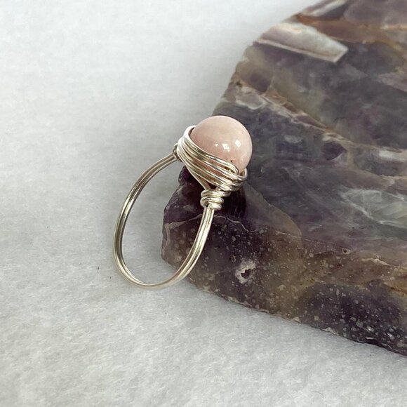Sterling Silver Wire Wrapped 8MM Pink Rose Quartz Bead Ring Size 6.75 - Picture 5 of 16